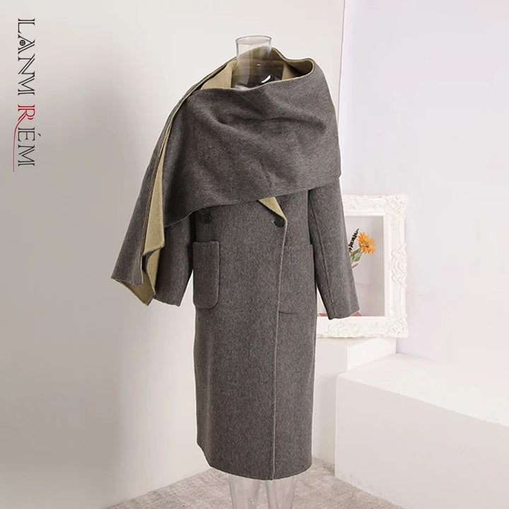 Manteau Femme Réversible en Laine – Deux Tons avec Écharpe Automne-Hiver