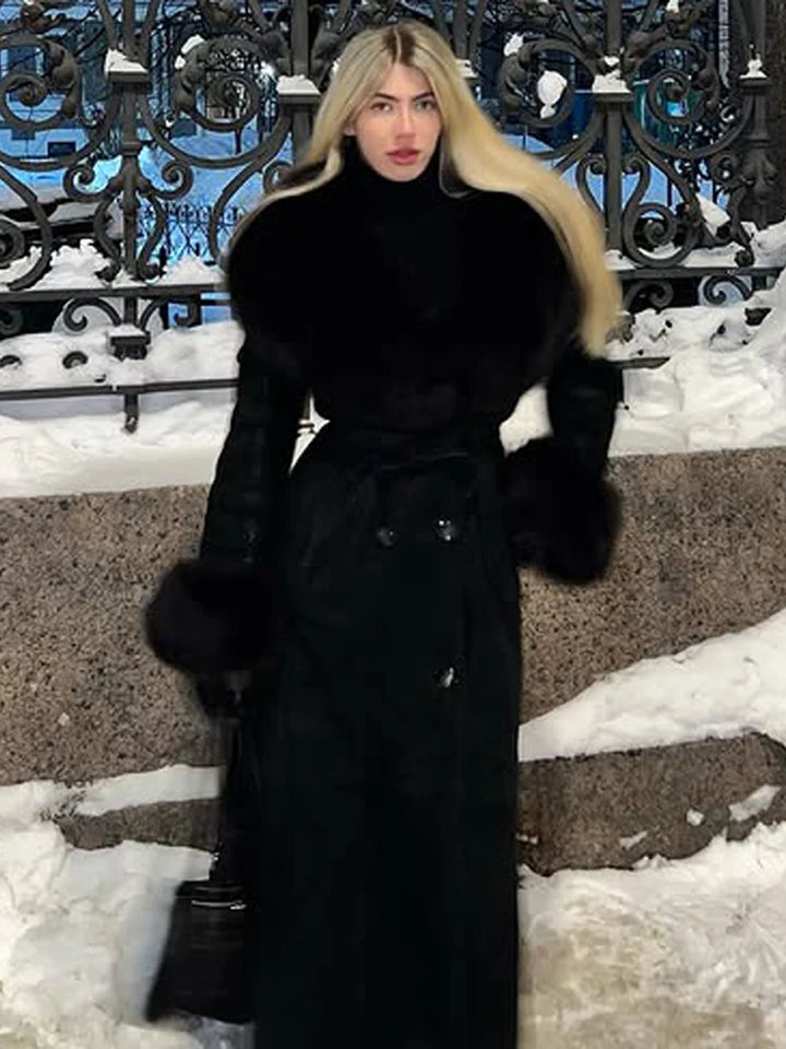 Manteau long en fourrure duveteuse pour femme, élégant