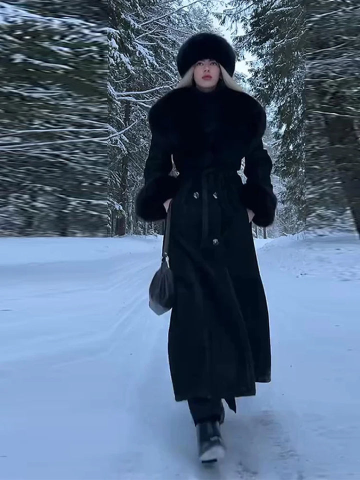 Manteau long en fourrure duveteuse pour femme, élégant