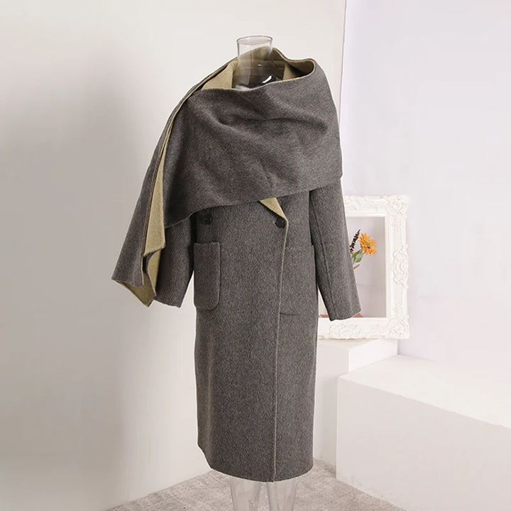 Manteau Femme Réversible en Laine – Deux Tons avec Écharpe Automne-Hiver