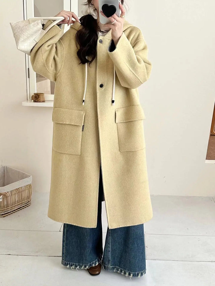 Manteau Long Réversible Femme – Laine Mélangée avec Capuche & Poches