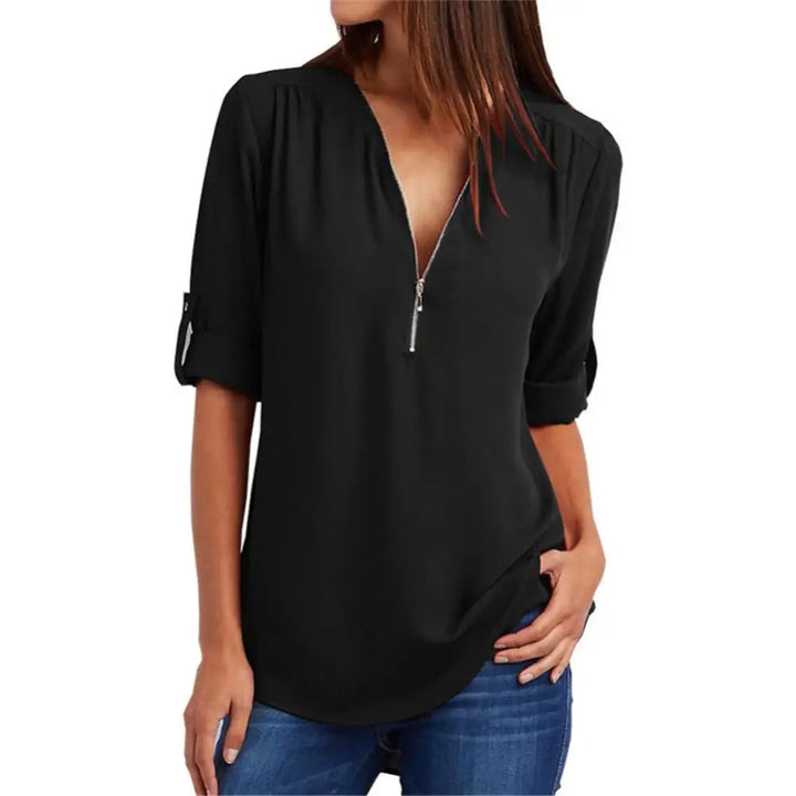 Blouse à col en V avec fermeture éclair et manches mi-longues