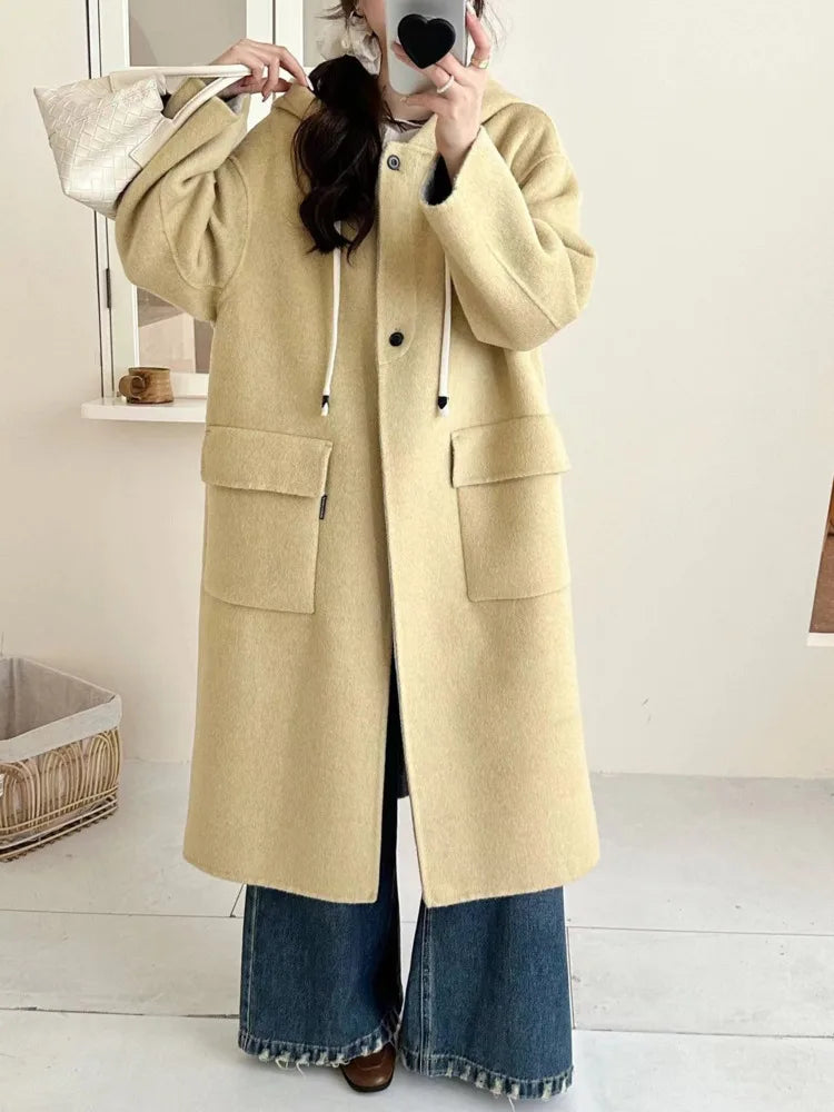 Manteau Long Réversible Femme – Laine Mélangée avec Capuche & Poches