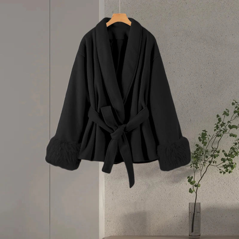 Manteau long en fourrure duveteuse pour femme, élégant