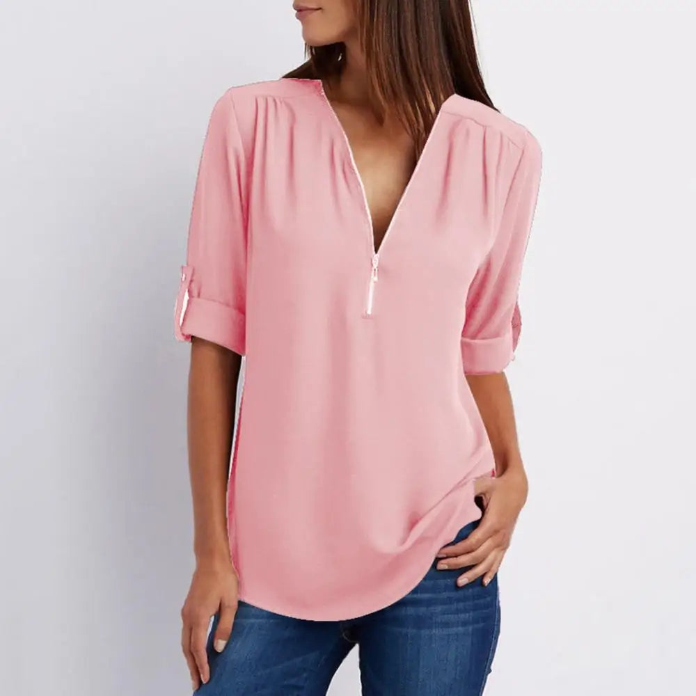 Blouse à col en V avec fermeture éclair et manches mi-longues