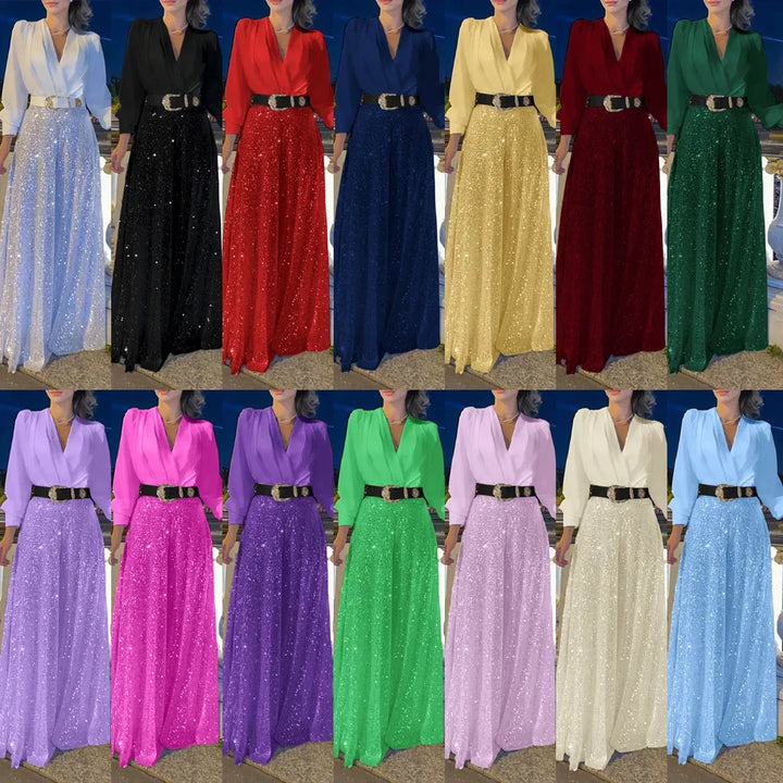 Ensemble Femme 2 pièces – Pantalon Large & Top Élégant avec Ceinture