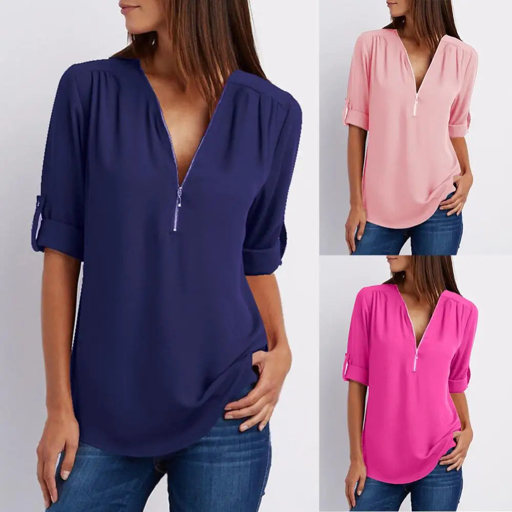 Blouse à col en V avec fermeture éclair et manches mi-longues