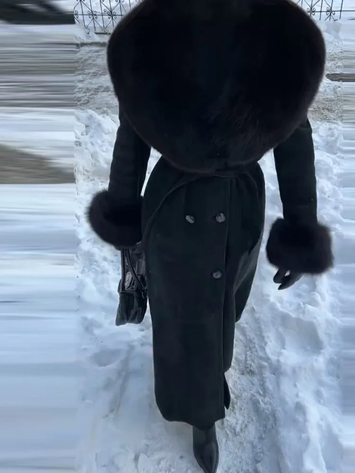 Manteau long en fourrure duveteuse pour femme, élégant