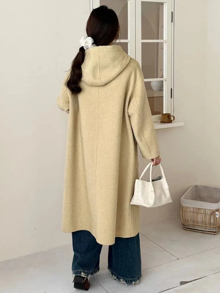 Manteau Long Réversible Femme – Laine Mélangée avec Capuche & Poches