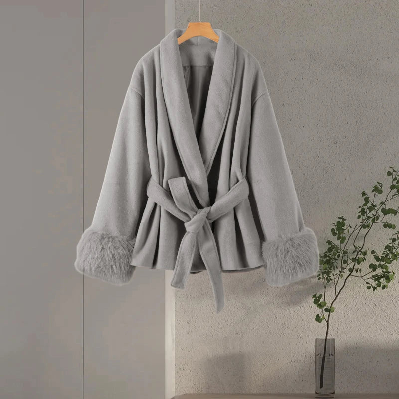 Manteau long en fourrure duveteuse pour femme, élégant