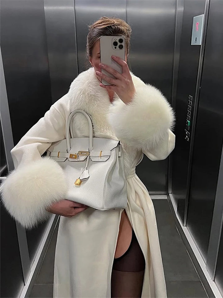 Manteau long en fourrure duveteuse pour femme, élégant