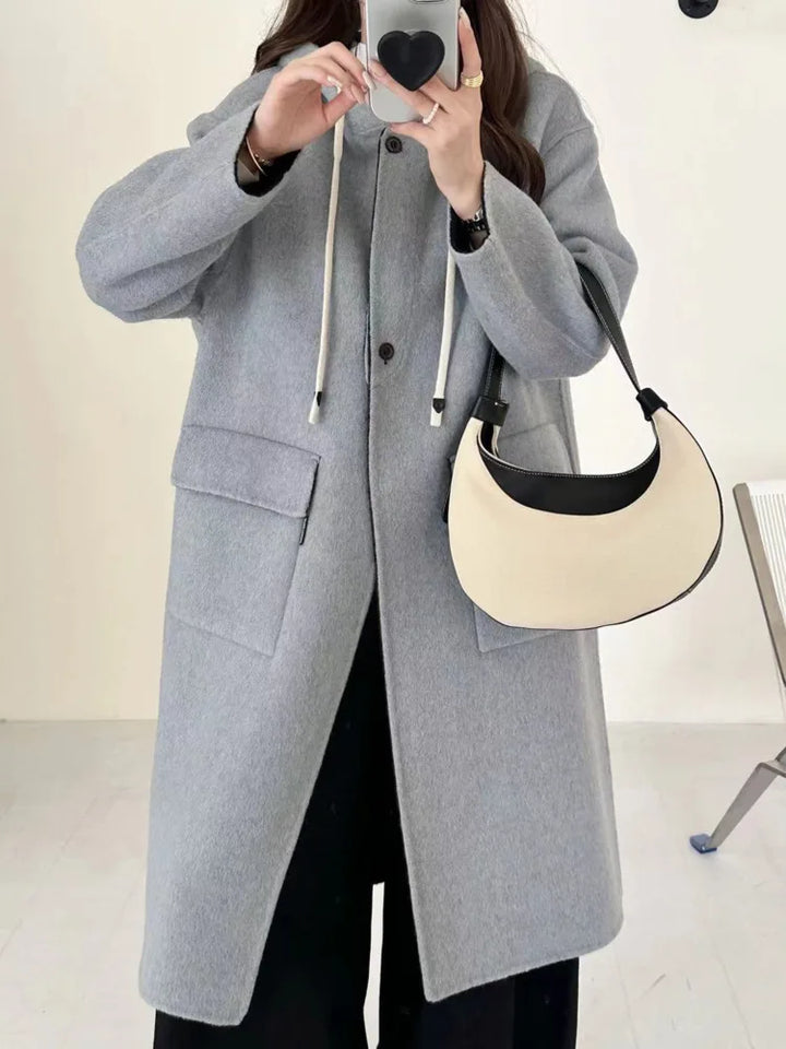 Manteau Long Réversible Femme – Laine Mélangée avec Capuche & Poches