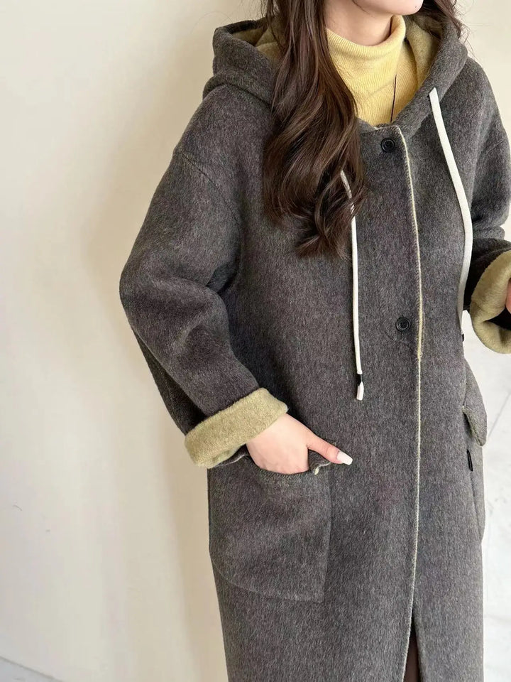 Manteau Long Réversible Femme – Laine Mélangée avec Capuche & Poches