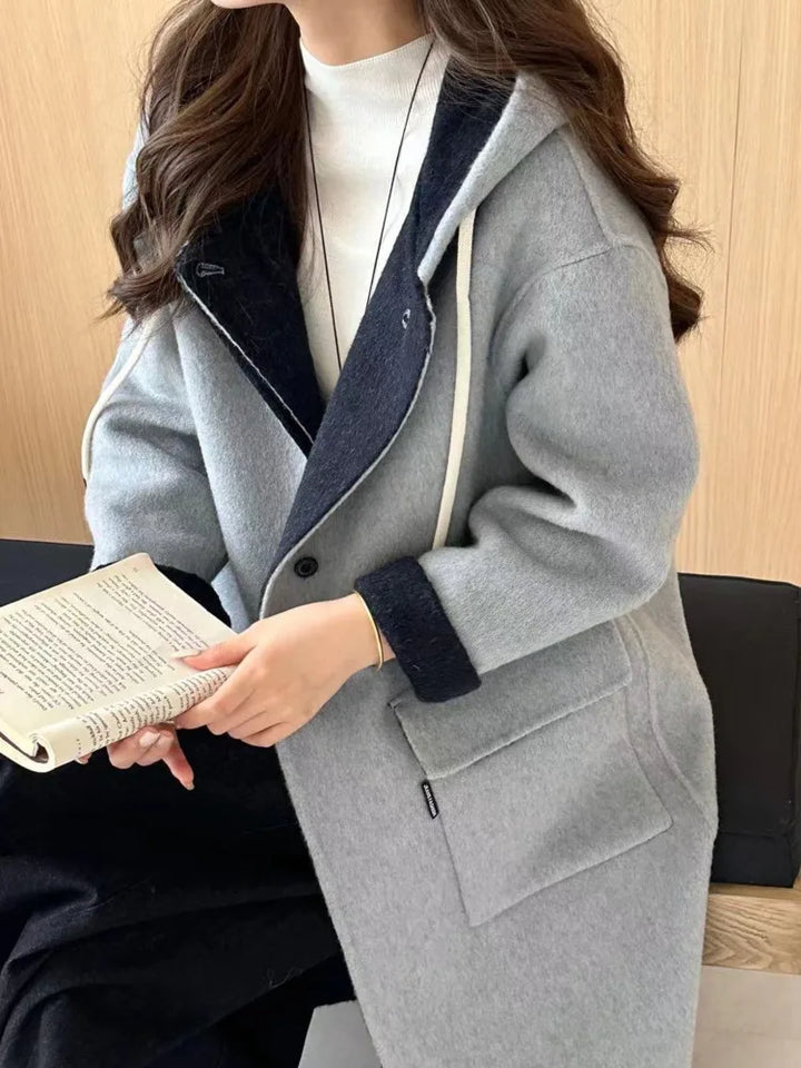 Manteau Long Réversible Femme – Laine Mélangée avec Capuche & Poches