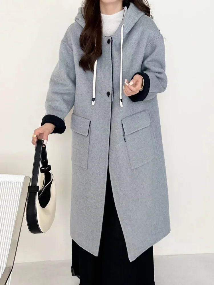 Manteau Long Réversible Femme – Laine Mélangée avec Capuche & Poches