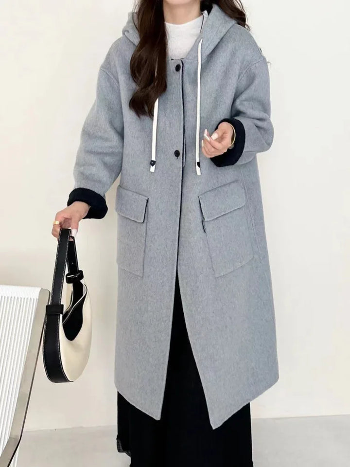 Manteau Long Réversible Femme – Laine Mélangée avec Capuche & Poches
