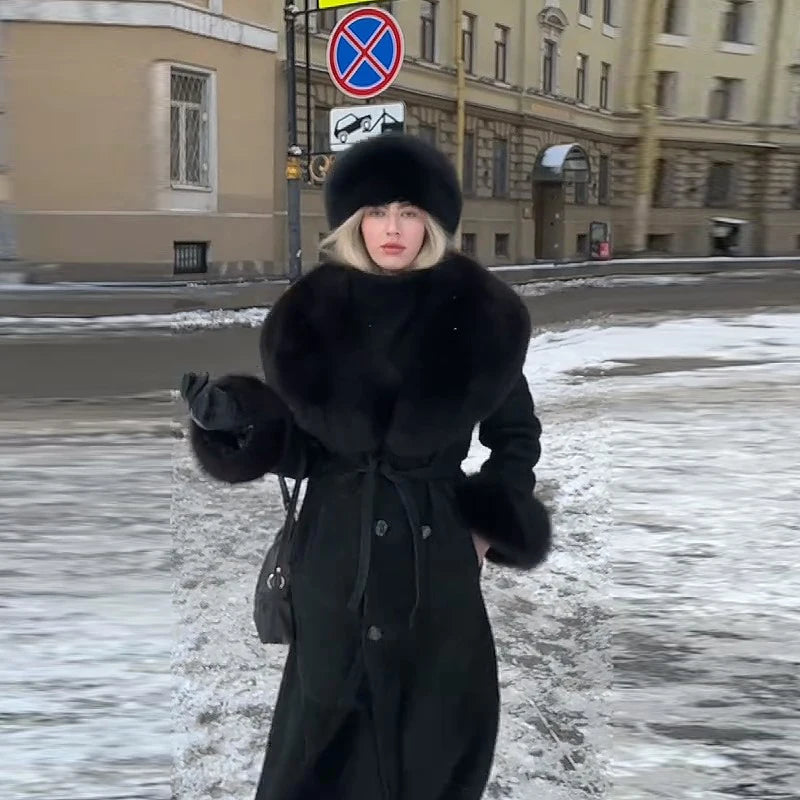 Manteau long en fourrure duveteuse pour femme, élégant