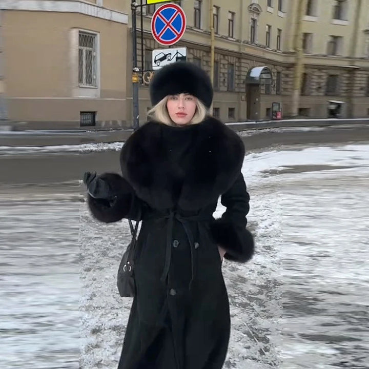 Manteau long en fourrure duveteuse pour femme, élégant