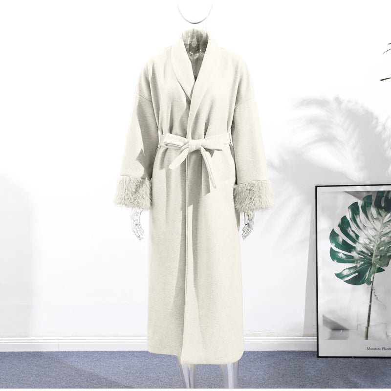 Manteau long en fourrure duveteuse pour femme, élégant