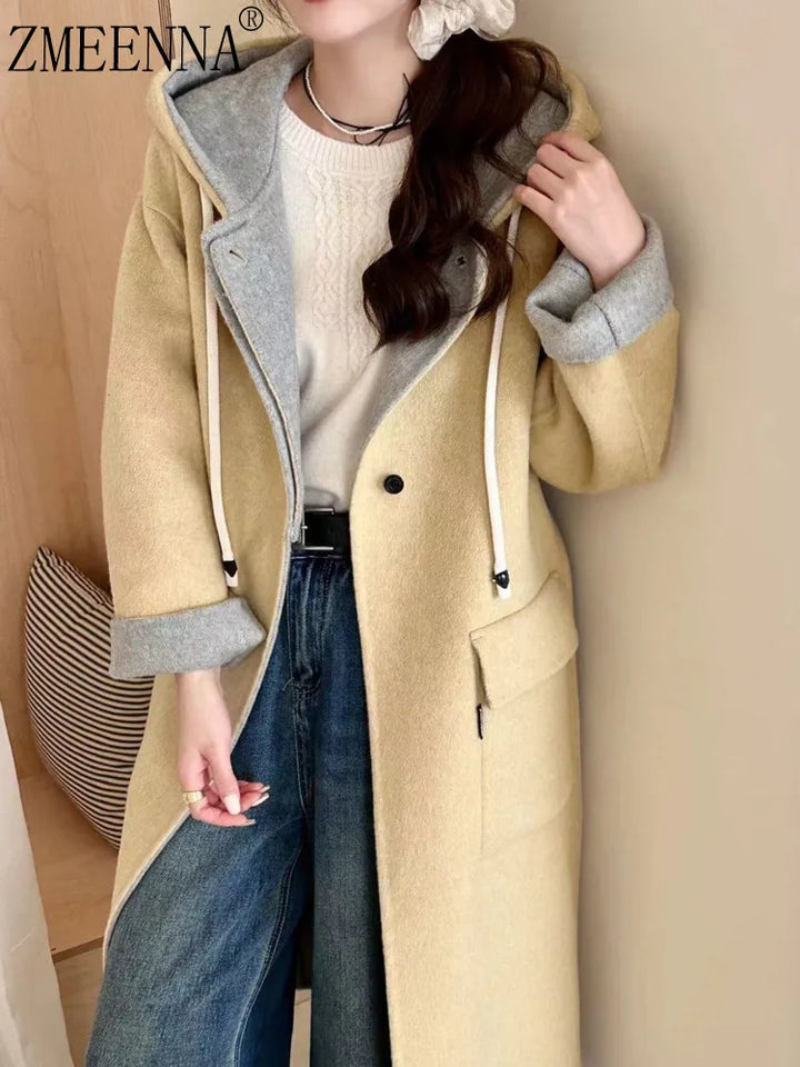 Manteau Long Réversible Femme – Laine Mélangée avec Capuche & Poches